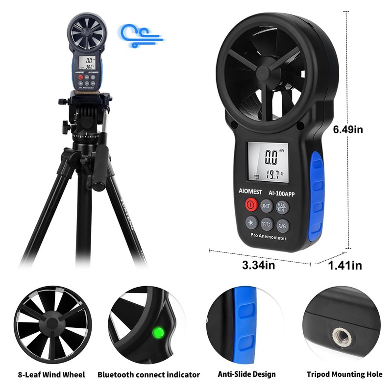 AIOMEST Digital Anemometer AI-100APP Wind Speed Measuring Device Android/iPhone Compatible
