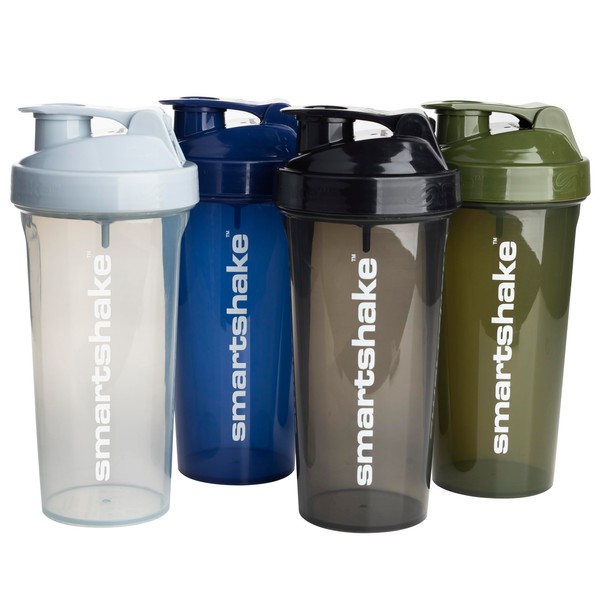 Smartshake Lite 4-Pack Protein Shaker Bottle 600 ml | 20 oz - Leakproof Screw-on Lid - BPA Free - Unisex - Mist Grey, Army Green, Black, Navy Blue