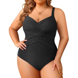 Tempt Me Plus Size One Piece Swimsuits for Women Tummy Control Retro Bathing Suit Cross Front Swimwear Black 16W
