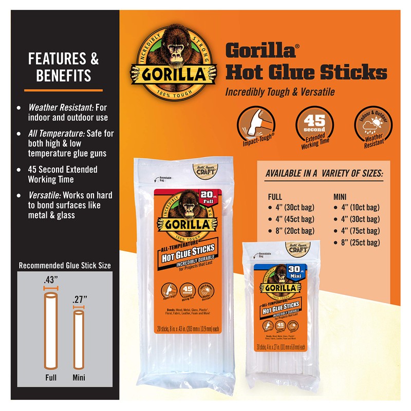 Gorilla Hot Glue Sticks, Mini Size, 8" Long x .27"