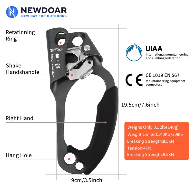 NewDoar Right Hand Ascender Rock Climbing Tree Arborist Rappelling Gear