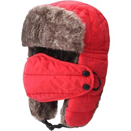 Men's Trooper Trapper Hat Warm Winter Hats with Removable Face Mask Earflaps Faux Fur Hunting Outdoor Hat - Color: black, Size: Large