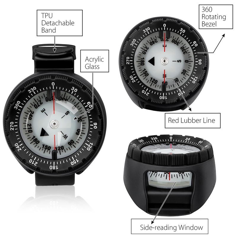 Scuba Compass, Professional Waterproof 5ATM Dive Wrist Compass with TPU