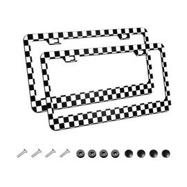 TianHeYue 2Pack Simple Style Black and White Racing and Checkered Pattern Car License Plate Frames, Aluminum Car Tags Frame with Screws Caps