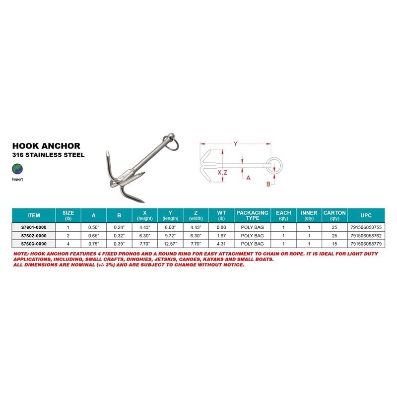 316 Stainless Hook Anchor 1 LB, Grapple Hook Anchor, Grappling