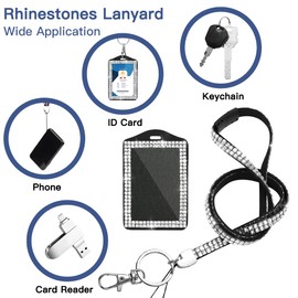 SAVORI Bling Badge Lanyard with ID Holder, Rhinestone Sturdy Neck Lanyard Horizontal Name Card Holder for Women Girl (White)