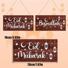 Eid Mubarak Door Sign, Pack of 2 Wooden Pendant Ornament, Star Moon Lantern Islam Ramadan Wooden Sign Wall Decoration for Islamic Muslim Door and Wall Decoration