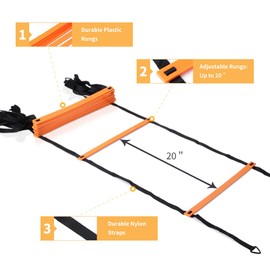 YISSVIC Agility Ladder and Cones 20 Feet 12 Adjustable Rungs Fitness Speed Training Equipment,1 Carry Bags, 10 Cones, 4 Stakes, Basketball, Soccer (20 feet Orange)