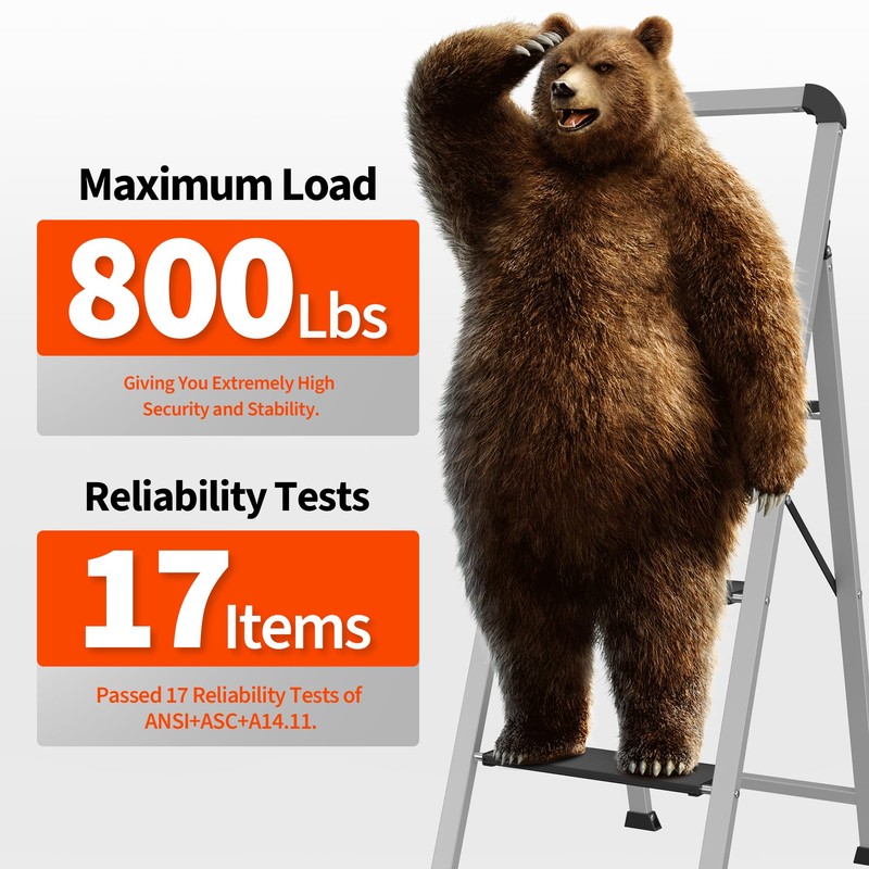 3 Step Ladder with Handrail,DIAMONDFORGE 800 lbs Capacity Aluminum Ladder,