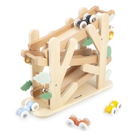 Janod - Wooden Descender on 3 Levels - Ant Slide with 4 Cars included - Early Years Toy - Fine Motor Skills - From 1 Year - J04038