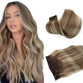 Licoville Clip in Hair Extensions Human Hair, 8T8/613 Balayage Ash Brown to Bleach Blonde Real Human Hair Extension Clip ins 20 Inch 70G Brown with Blonde Highlights for Fine Thin Hair