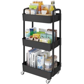 Laiensia 3-Tier Storage Carts,Multifunction Utility Rolling Cart Kitchen Storage Organizer,Mobile Shelving Unit Cart with Lockable Wheels for Bathroom,Laundry,Living Room,With Classified Sticker,Black