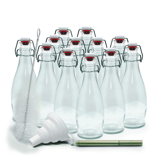 Nevlers Set of 12 | 8.5 Oz. Glass Bottle Set with Swing Top Stoppers and Includes Bottle Brush, Funnel & Gold Glass Marker | Swing Top Glass Bottles | Clear Glass Water Bottle