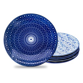 Cerkik Ceramic Dinner Plates Set - 10.5 Inch Large Porcelain Salad Serving Plate for Pasta Steak Pizza Pancakes - Scratch Resistant Dishwasher Oven Microwave Safe - Set of 6 - Blue and White