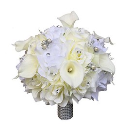 Angel Isabella 10" Large Bouquet-Ivory White Artificial Roses Calla Lily and Silver Accents
