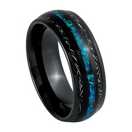 Dome Black IP 8mm Men's Tungsten Carbide Ring Titanium Shavings and Opal Inlay Wedding Band Comfort Fit Available Sizes: 7-15