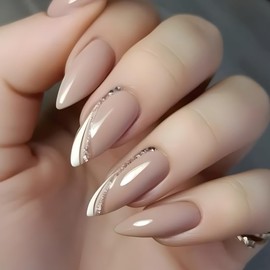 Medium Almond Press On Nails Nude Fake Nails with Rhinestone Designs Glitter Line False Nails Full Cover Nail Tips Artificial Acrylic Nails Winter Fall Stick On Nails Glue On Nails for Women 24PCS