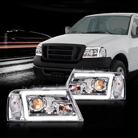 PIT66 LED DRL Headlights, Compatible with Ford F150 2004-2008/Lincoln Mark LT 2006-2008 (NOT Compatible with 2004 F150 Heritage/Flareside Beds Models), Clear Lens Chrome Housing Clear Reflector