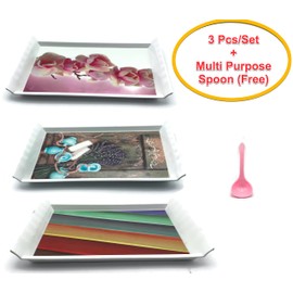 Melamine Serving Tray, Rectangular Serving Tray with Handles, Large Serving Tray, Appetizer Serving Tray, Food Serving Tray in Size 10.75" x 7.5"x1" Each 3pcs/Set + Free Sauce Spoon (Mix 1)