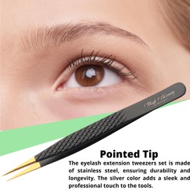 Wishbeauty Lash Extension Tweezers - 2pcs Straight and Curved Pointed Eyelash Extension Tweezers Professional Set for 3D 5D Individual Mink Eyelash Extensions (Black and Gold)
