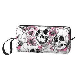 JKJOJIA Skull Flower Pink Makeup Bag Organizer Small Cosmetic Bags Portable Travel Toiletry Bag With Handle Simple Accessories Storage Zipper Pouch For Women Girl