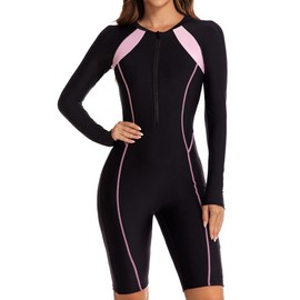 Mselyseshe Women Rash Guard Long Sleeve Boyleg One Piece Swimsuit Surfing Bathing Suit UPF 50 Front Zip Surf Wetsuit