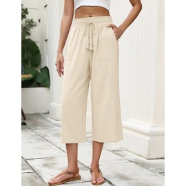 LOMON Wide Leg Pants Woman Work Capri Linen Pants Dress for Women Teacher Summer Baggy Elastic Waist Drawstring Business Casual Palazzo Trousers with Pockets 2025 Fashion Clothing Beige Large