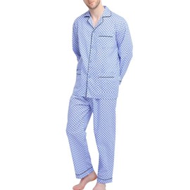 GLOBAL Mens Pyjamas Set | 100% Cotton PJs | Button Front Top and Elastic and Drawstring Bottoms Blue Mini, Mini Checker M