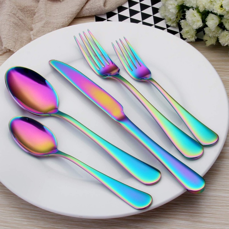 Rainbow Silverware Set,SHARECOOK 20-Piece Stainless Steel Flatware Set with Round