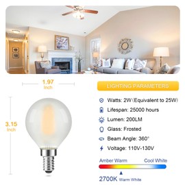 Frosted E12 LED Edison Bulbs 25W Equivalent, Small Candle Base, 2700K Soft Warm White, E12 LED Bulb Dimmable, G16.5/G50 Chandelier Light Bulbs, 2W, 200LM, Golbe Ceiling Fan Light Bulbs, 4 Pack