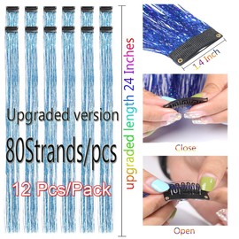 CelineBella Hair Tinsel Clip in Lake Blue Fairy Hair for Kid Christmas New Year(24 Inch Pack of 12Pcs, Lake Blue)