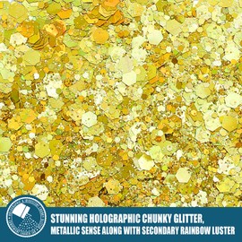 Holographic Chunky Glitter, 160G/5.64OZ Craft Glitter for Resin, Metallic Iridescent Chunky Glitter Sequin Flake, Cosmetic Glitter for Makeup Body Nail Face Eye, Glitter Tumbler (Gold)