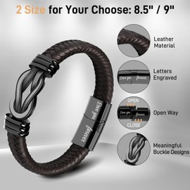 ZOKCC Bracelet Gifts for Men - Black Braided Leather Bracelets Stainless Steel Infinite Buckle with Lettering Love You Forever - Birthday Christmas Gifts for Brother Best Friend, 8.5 inch