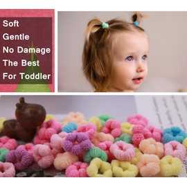 HATRAV Tiny Soft Toddler Hair Ties,110-120Pcs,2 Styles, Mini Hair Scrunchies for Infants Age 0-5,Toddler Girls,With Zipper Bag,Hiar Bands,No Damage (Candy-colored)