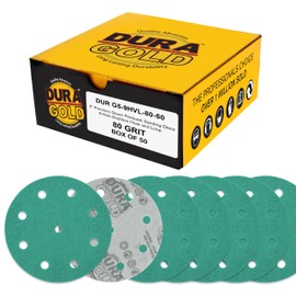 Dura-Gold Premium 80 Grit 5" Green Film Sanding Discs, 9-Hole Pattern, Box of 50 - Heavy-Duty Dustless Hook & Loop Backing Sandpaper for DA & Random Orbital Sanders, Sand Auto Paint, Wood, Furniture