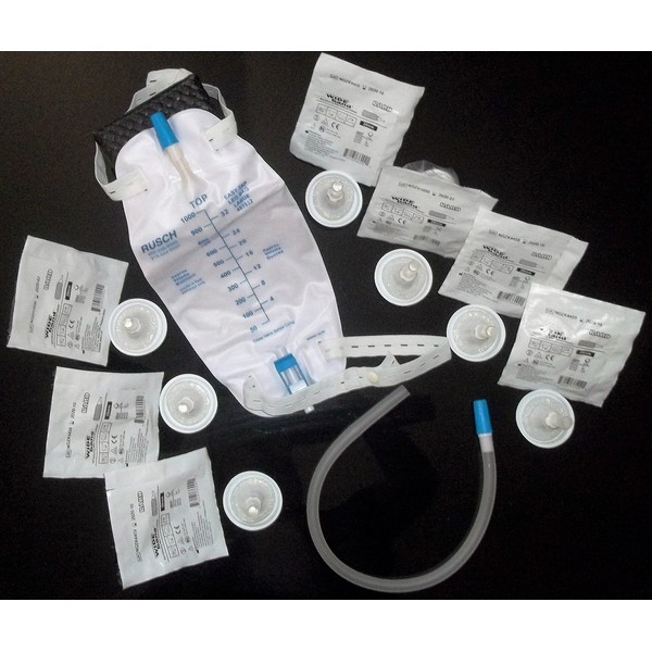 Urinary Incontinence Kit One-Week, 7-Condom Catheters Self-Seal External 29mm (Medium) Extra Adhesive, Premium Leg Bag 1000ml Tubing, Straps & Fast and Easy Draining.