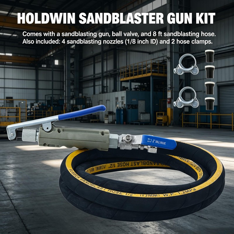 Sand Blaster Gun Kit with 4 Ceramic Nozzles, 8ft Sandblasting