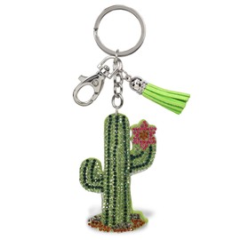 Aqua79 Cactus Keychain - Sparkling Rhinestones Charm with Tassel, Fashionable Stylish Polyester PU Cute Key Ring Bling Crystal Jewelry Accessory with Clasp