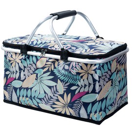 Insulated Picnic Basket for 2, Folding Grocery Basket Insulated Cooler Bag, Collapsible Shopping Baskets with 29L Large Market Basket with Handles for Picnic Travel Food Delivery Market Shopping Blue