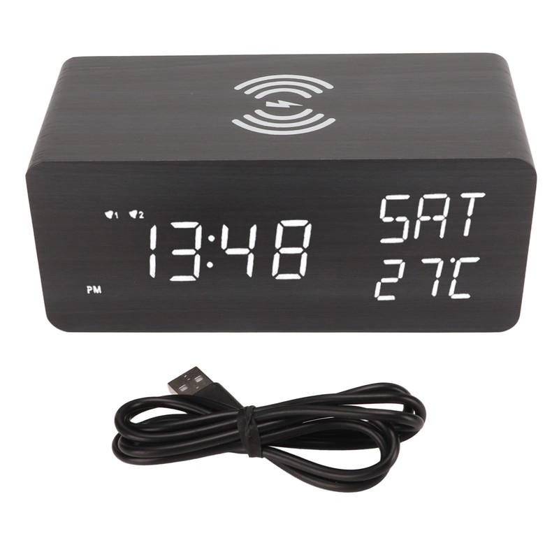 Wooden Digital Alarm Clock with Wireless Charging Black Adjustable Brightness