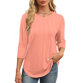 XIEERDUO 3/4 Length Sleeve Womens Tops Dressy Casual Crewneck Pleated Summer Spring Tops for Women 2025 Coral M