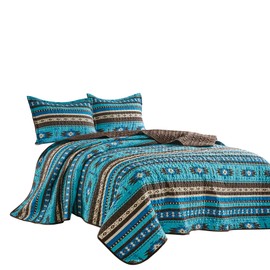 Jaba 3-Piece Fine Printed Oversize King Size Quilt Set, All-Season Bedspread Native American Tribal Navajo Pattern Coverlet with Pillow Shams Bed Cover (Turquoise Blue, Brown, Khaki, Southwestern)