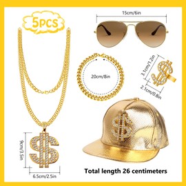 JurciCat 80s 90s outfit men's carnival accessories costume hip hop cap golden dollar chain ring sunglasses 5 piece set