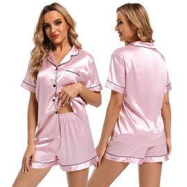 Womens Silk Satin Pyjamas Set: Ladies Pajamas Short Sleeve Bride Pj Set Two-piece Sleepwear Silky Button-down Nightwear Soft Loungewear Sets, Pink M