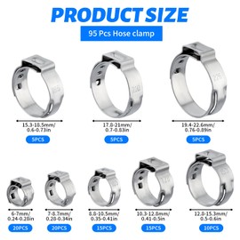 95 Piece Hose Clamps, Stainless Steel Single Ear Hose Clips with 8 Sizes 6-22.6mm, Adjustable Pipe Clips, Tube Clamp for Water Pipe, Automotive Tubing, Radiator Pipe Hose Air Duct