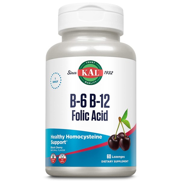 KAL Vitamin B-6 B-12 Folic Acid Supplement, B Vitamins for Healthy Energy, Heart & Red Blood Cell Support, w/Vitamin B12 Methylcobalamin and Folate, Natural Cherry, Gluten Free, 60 Serv, 60 Lozenges