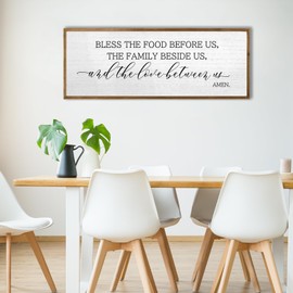 Bless the Food Before Us Wall Decor Sign 32"X12" Large Rustic Farmhouse Dining Room Wooden Framed Signs Modern Kitchen Vintage Home Inspirational Wall Art Hanging Decoration (Wood)