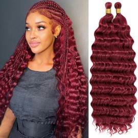 Eerya Long Curly Braiding Hair 18 Inch 2 Packs Burgundy Ocean Wave Crochet Hair for Black Women Deep Wave Braiding Hair for Boho Braids (18 inch, BUG)