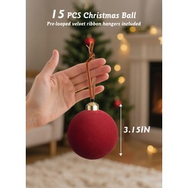 Brightown 15 Pcs Red Velvet Christmas Balls, 3.15 Inch Velvet Ornaments for Christmas Tree, Christma Tree Flocked Ornaments Balls for Family Holiday Wedding Party Xmas Hanging Decoration