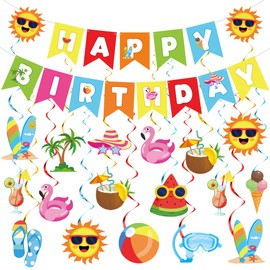 Summer Beach Birthday Party Decorations Beach Theme Paper Banner and Hanging Swirls Happy Birthday Garland Pool Hanging Swirls for Summer Pool Party Supplies